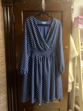 Draper James Navy and White Polka Dot Long-Sleeve Wrap Dress